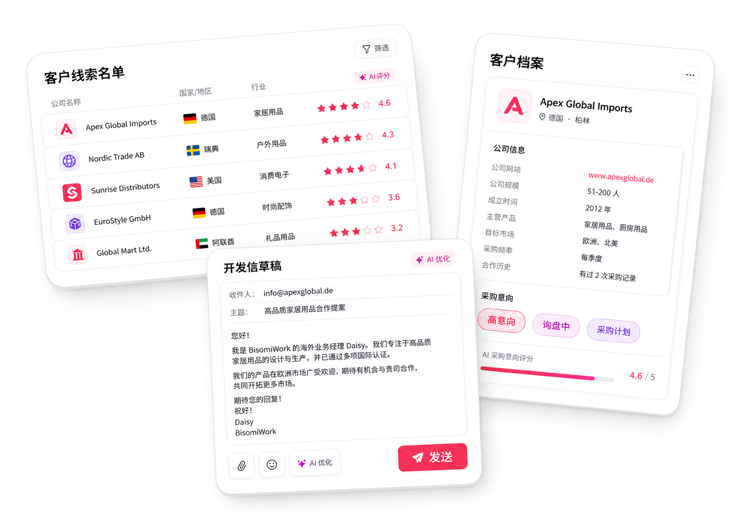 BisomiWork 的客户线索名单、开发信草稿与客户档案界面